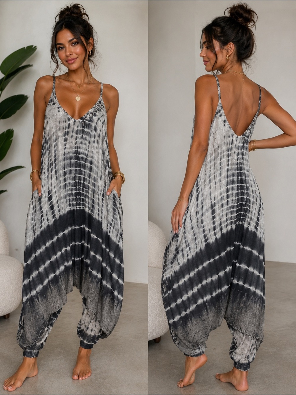 Tie-Dye Harem Jumpsuit - Black & White